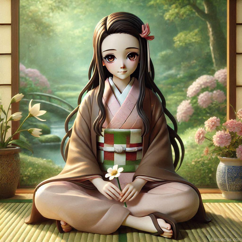 275+ Charming Girl Anime DP to Brighten Your Profile 191 Nezuko sitting peacefully with her legs tucked under her, holding a flower