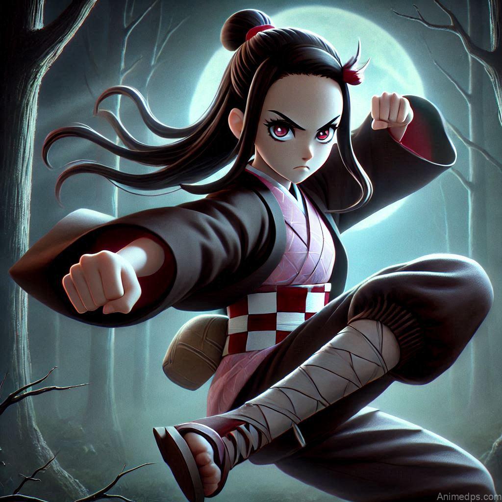 275+ Charming Girl Anime DP to Brighten Your Profile 192 Nezuko stands in a dynamic battle stance, ready to unleash her powerful kicks
