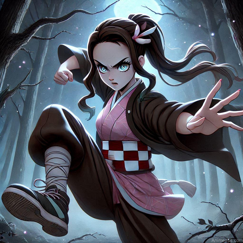 275+ Charming Girl Anime DP to Brighten Your Profile 193 Nezuko stands in a dynamic battle stance, ready to unleash her powerful kicks