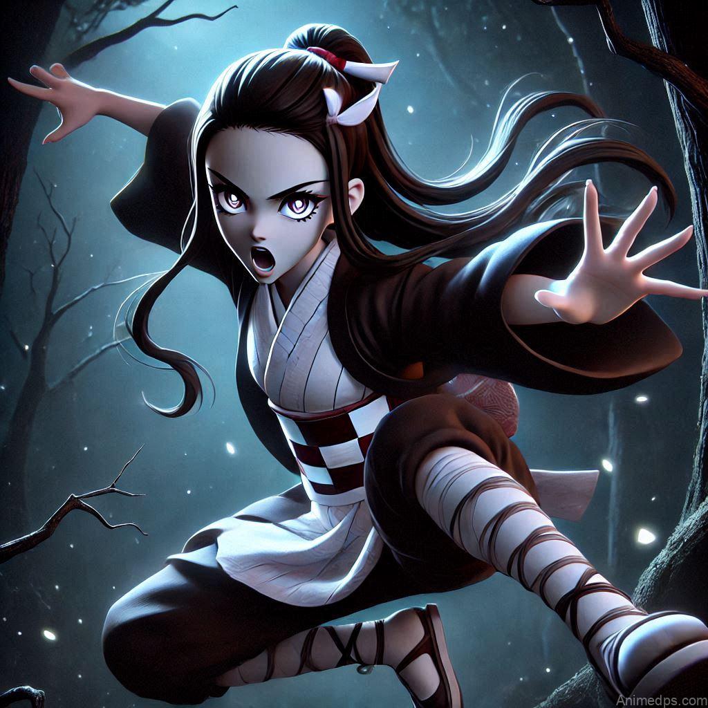 275+ Charming Girl Anime DP to Brighten Your Profile 194 Nezuko stands in a dynamic battle stance, ready to unleash her powerful kicks