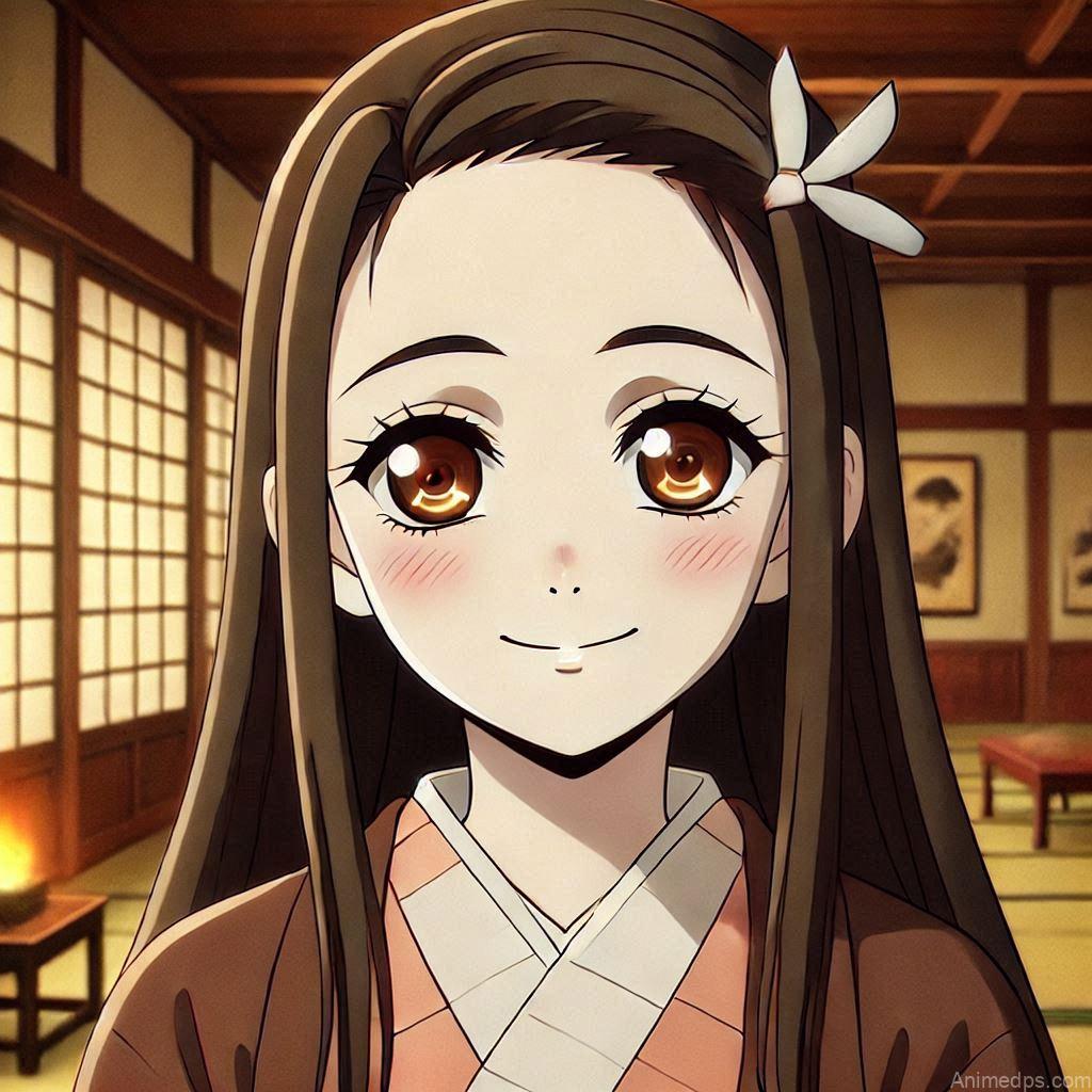 275+ Charming Girl Anime DP to Brighten Your Profile 226 Nezuko smiling and playfully making a cute gesture, such as holding her cheeks or tilting her head