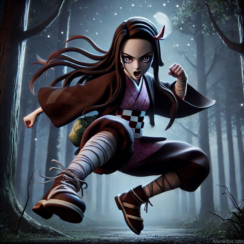 275+ Charming Girl Anime DP to Brighten Your Profile 195 Nezuko stands in a dynamic battle stance, ready to unleash her powerful kicks