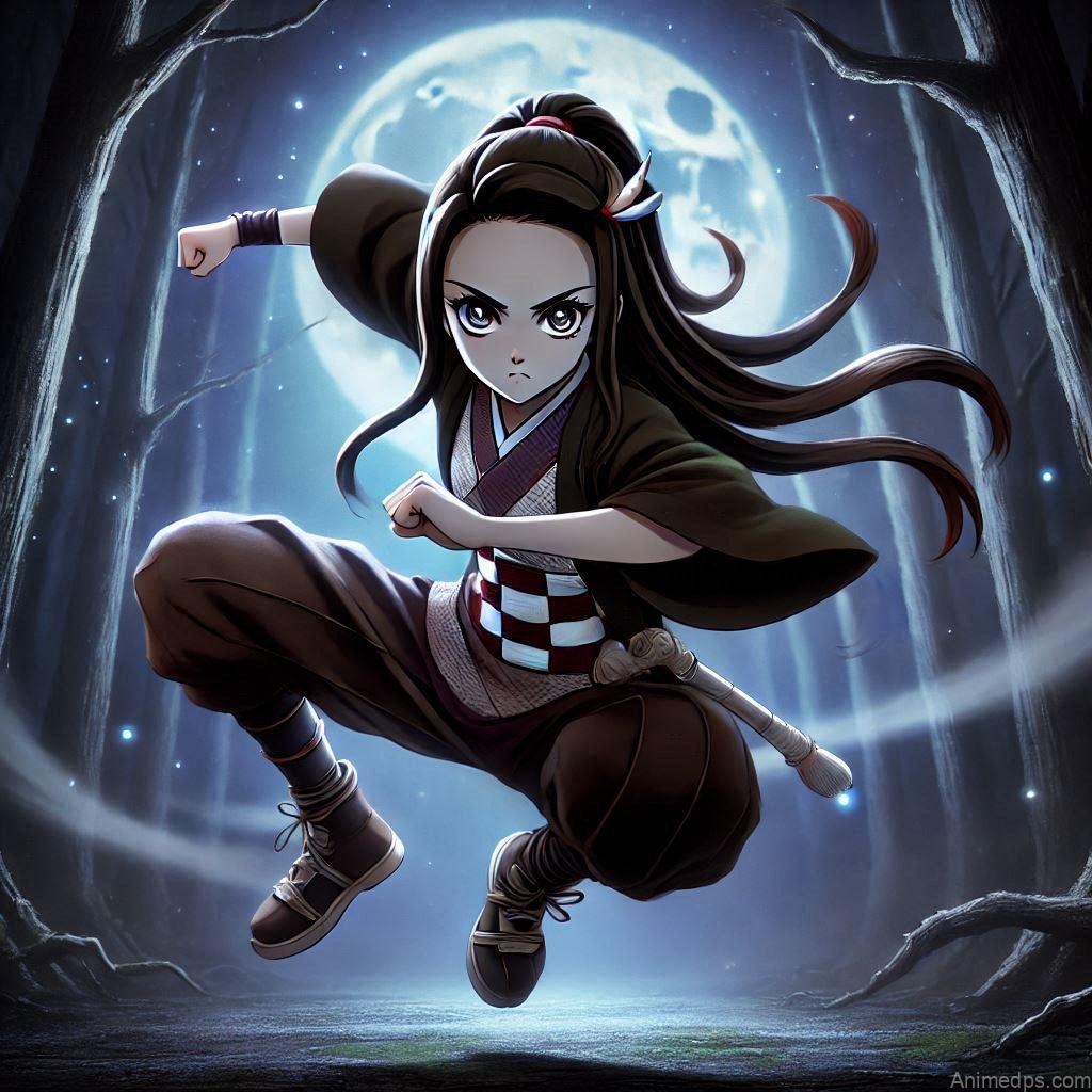 275+ Charming Girl Anime DP to Brighten Your Profile 196 Nezuko stands in a dynamic battle stance, ready to unleash her powerful kicks