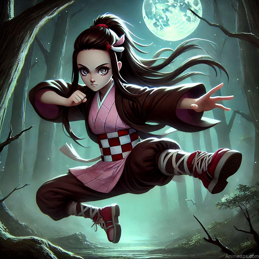 275+ Charming Girl Anime DP to Brighten Your Profile 197 Nezuko stands in a dynamic battle stance, ready to unleash her powerful kicks