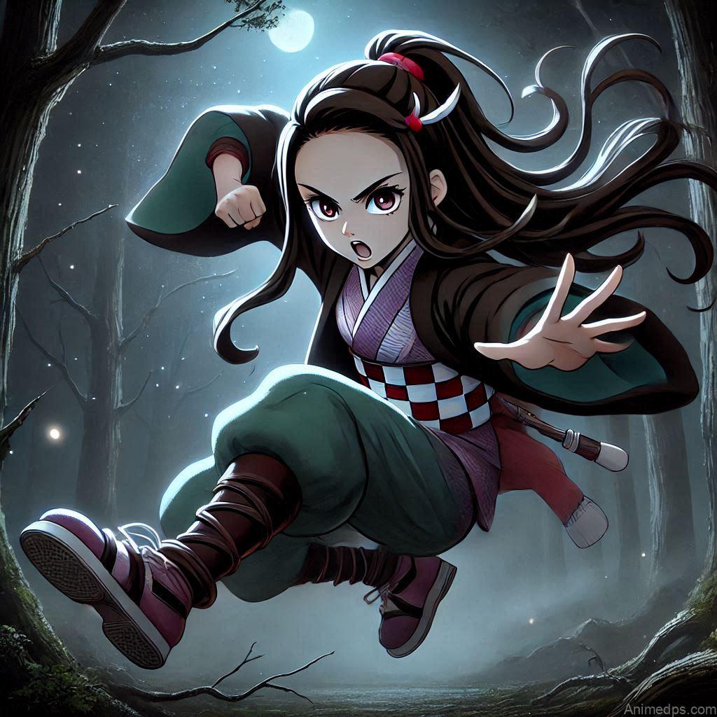 275+ Charming Girl Anime DP to Brighten Your Profile 198 Nezuko stands in a dynamic battle stance, ready to unleash her powerful kicks