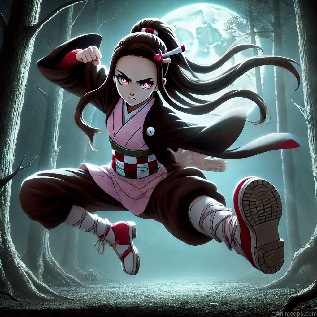 275+ Charming Girl Anime DP to Brighten Your Profile 199 Nezuko stands in a dynamic battle stance, ready to unleash her powerful kicks