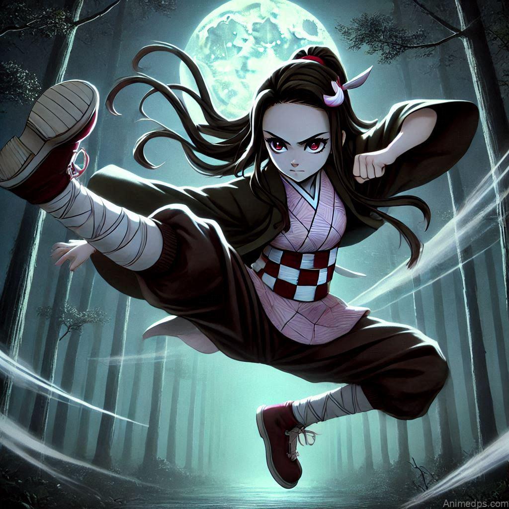 275+ Charming Girl Anime DP to Brighten Your Profile 200 Nezuko stands in a dynamic battle stance, ready to unleash her powerful kicks