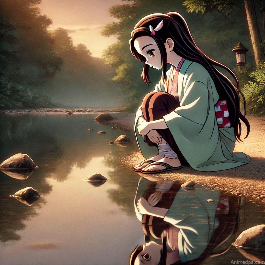 275+ Charming Girl Anime DP to Brighten Your Profile 229 Nezuko sitting alone by a river, gazing at her reflection in the water