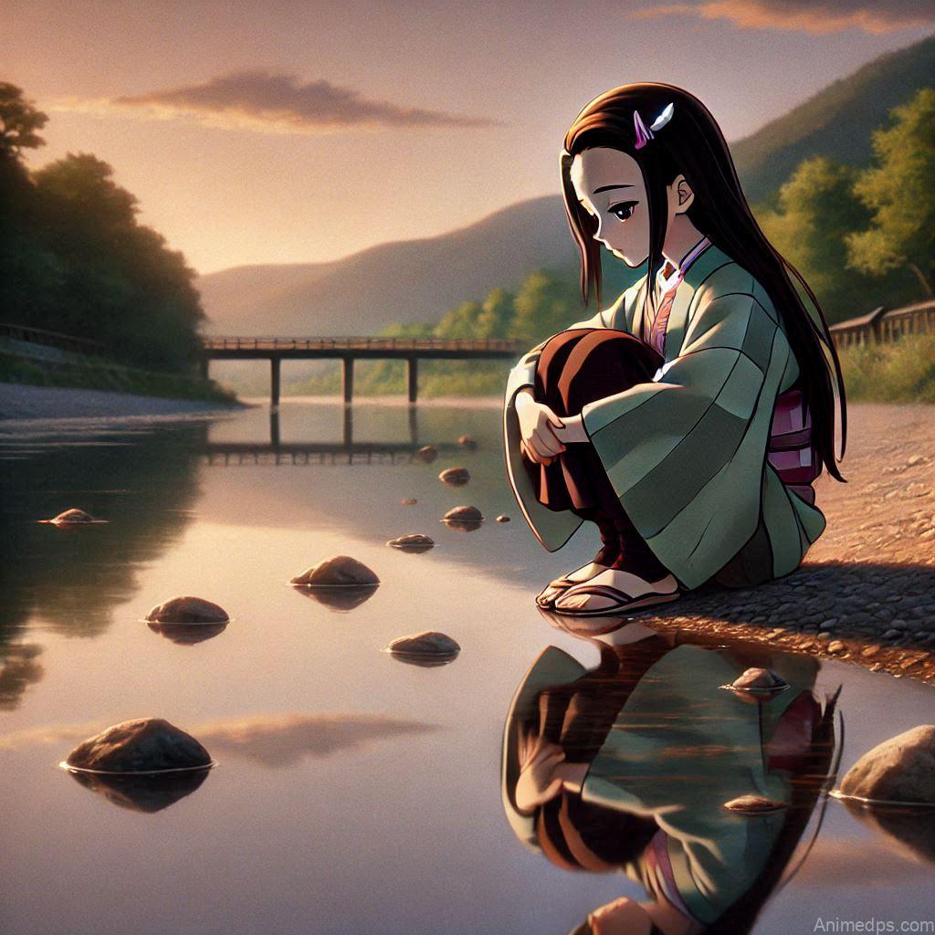 275+ Charming Girl Anime DP to Brighten Your Profile 230 Nezuko sitting alone by a river, gazing at her reflection in the water
