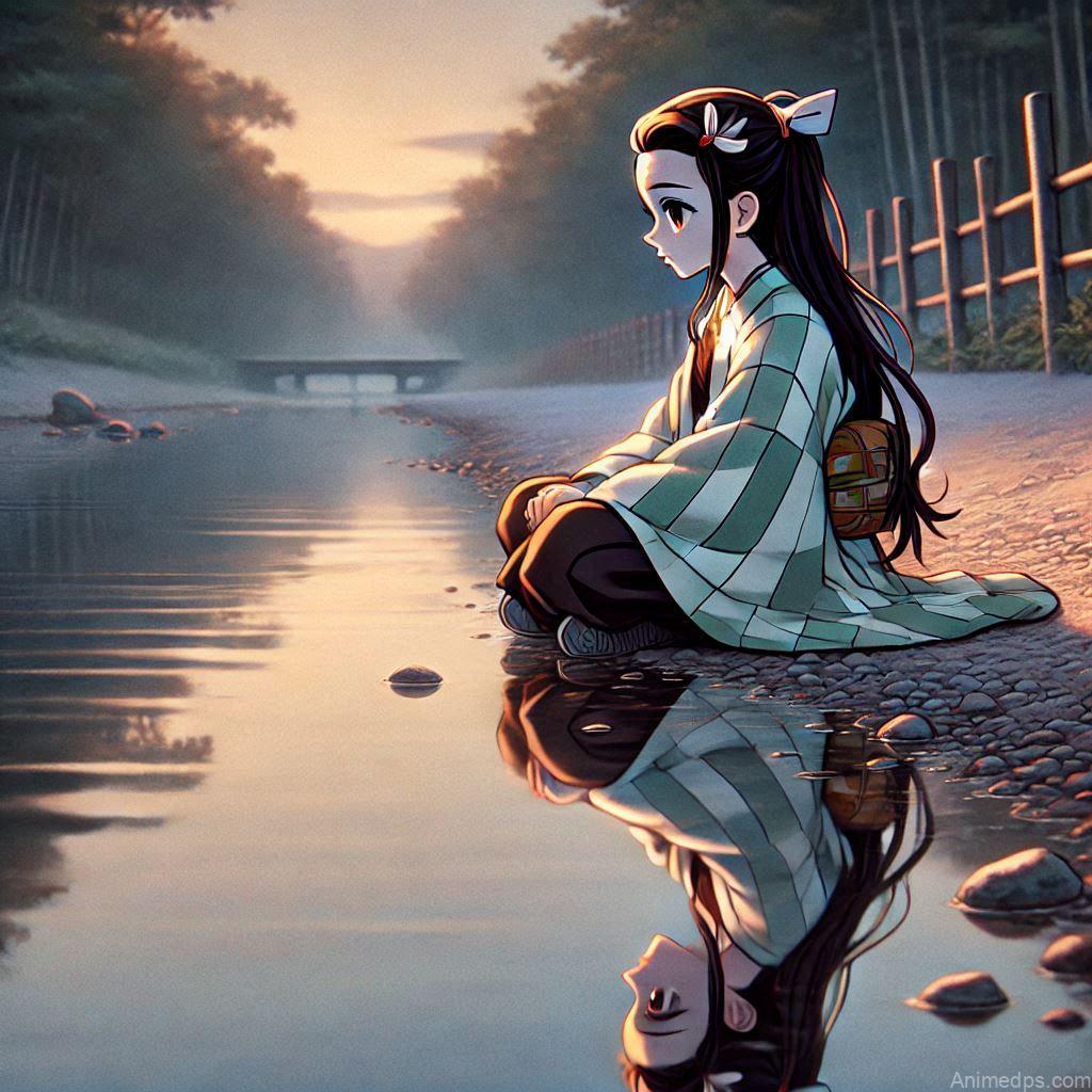 275+ Charming Girl Anime DP to Brighten Your Profile 231 Nezuko sitting alone by a river, gazing at her reflection in the water