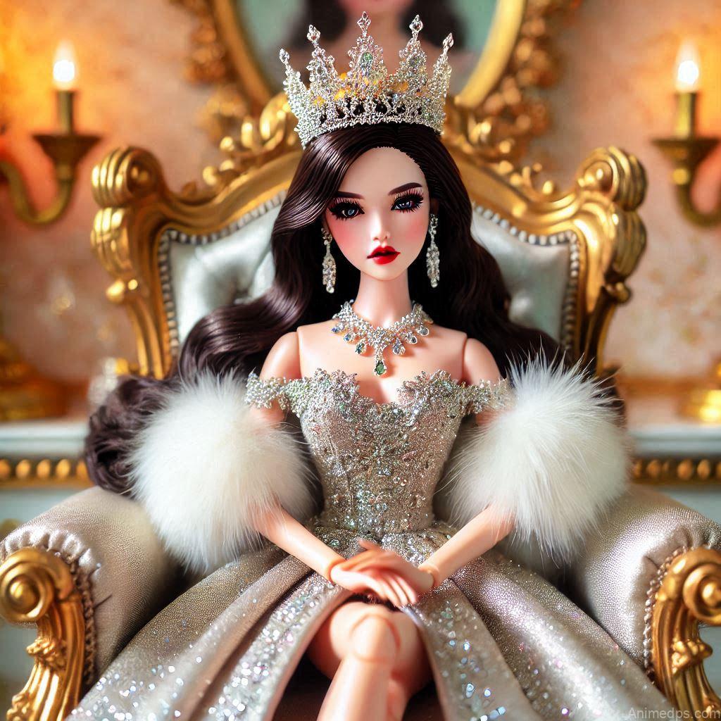 225+ Best Baby Doll Whatsapp Dp 140 A glamorous doll in a glittering crown and a sleek gown, sitting on a royal throne with a bold expression