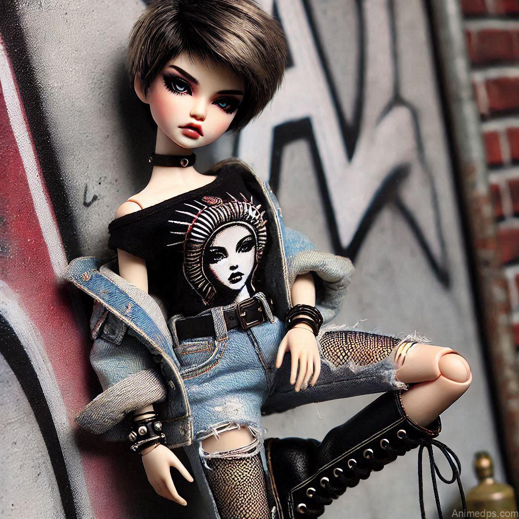 225+ Best Baby Doll Whatsapp Dp 126 A doll with edgy short hair, wearing a graphic tee, ripped denim shorts, and combat boots