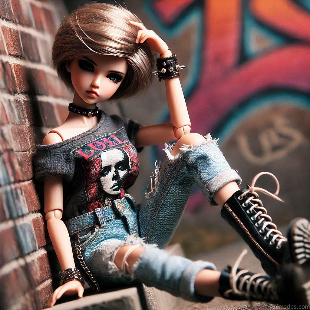 225+ Best Baby Doll Whatsapp Dp 127 A doll with edgy short hair, wearing a graphic tee, ripped denim shorts, and combat boots