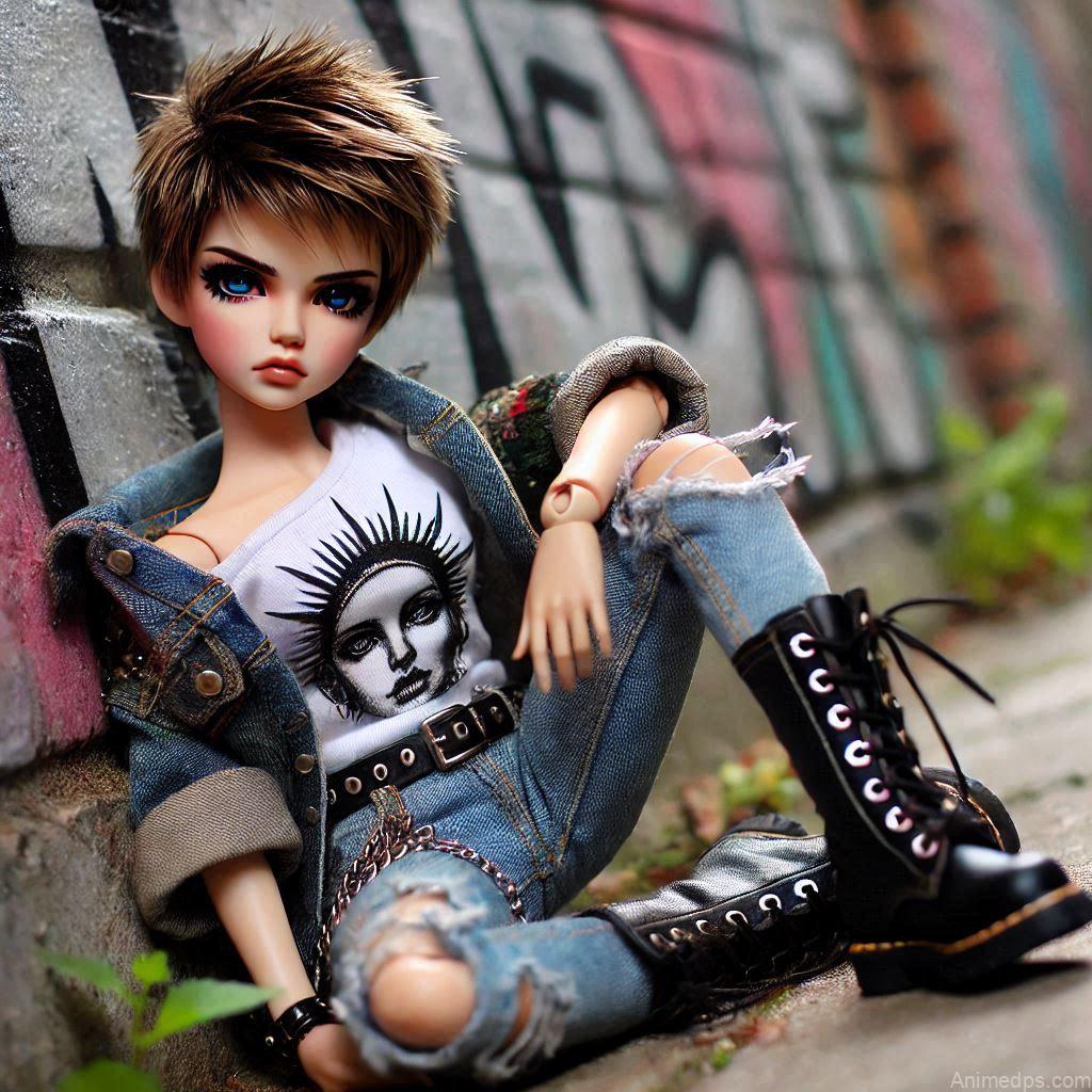 225+ Best Baby Doll Whatsapp Dp 128 A doll with edgy short hair, wearing a graphic tee, ripped denim shorts, and combat boots