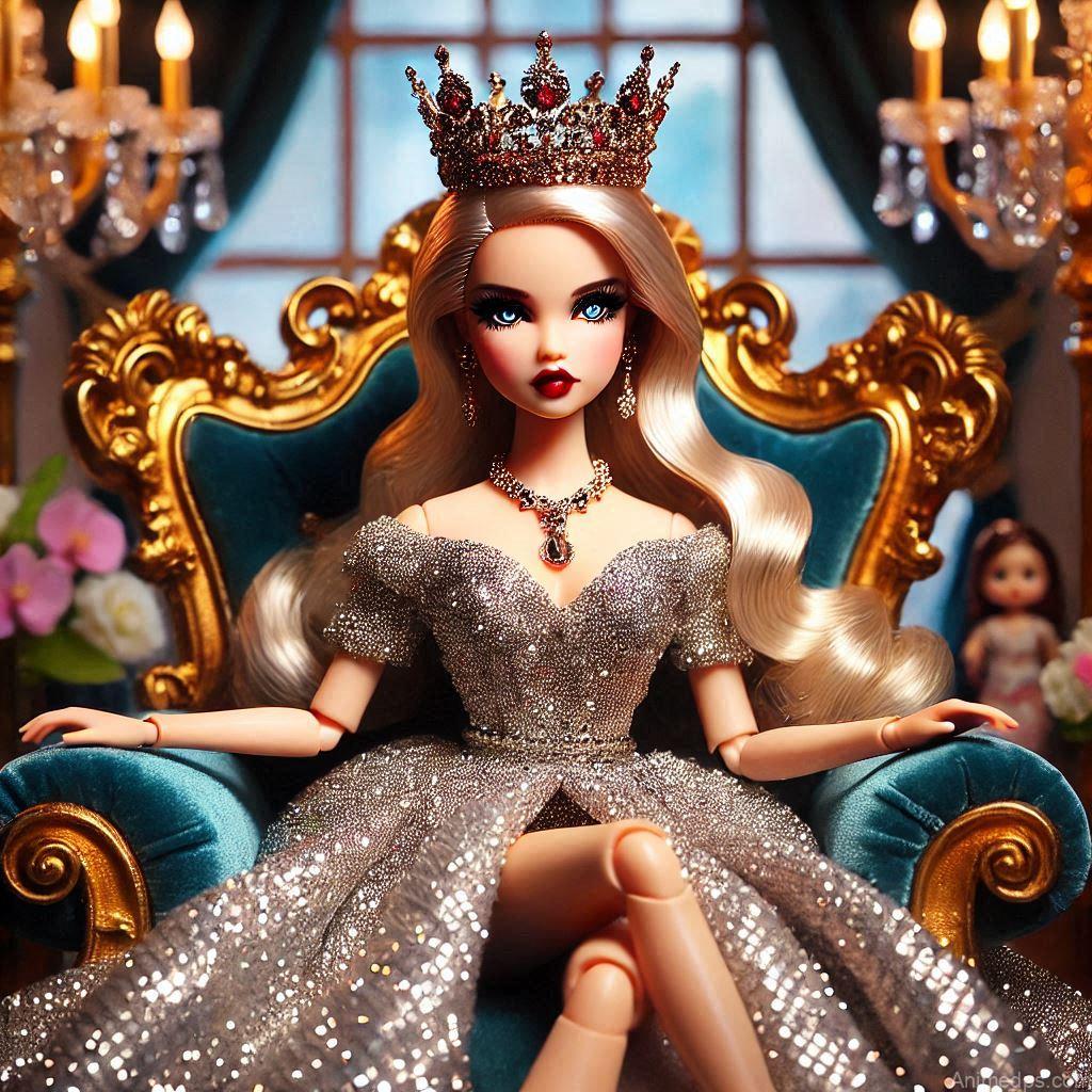 225+ Best Baby Doll Whatsapp Dp 141 A glamorous doll in a glittering crown and a sleek gown, sitting on a royal throne with a bold expression