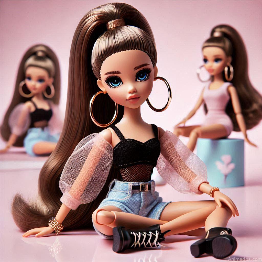 225+ Best Baby Doll Whatsapp Dp 110 A chic doll with a high ponytail, hoop earrings, and a trendy outfit, sitting cross-legged on a pastel background