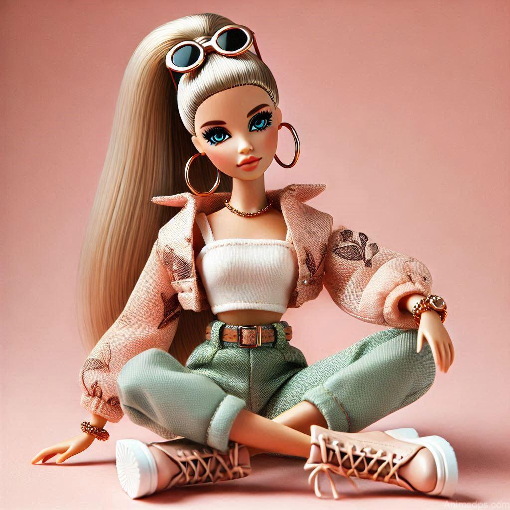 225+ Best Baby Doll Whatsapp Dp 111 A chic doll with a high ponytail, hoop earrings, and a trendy outfit, sitting cross-legged on a pastel background
