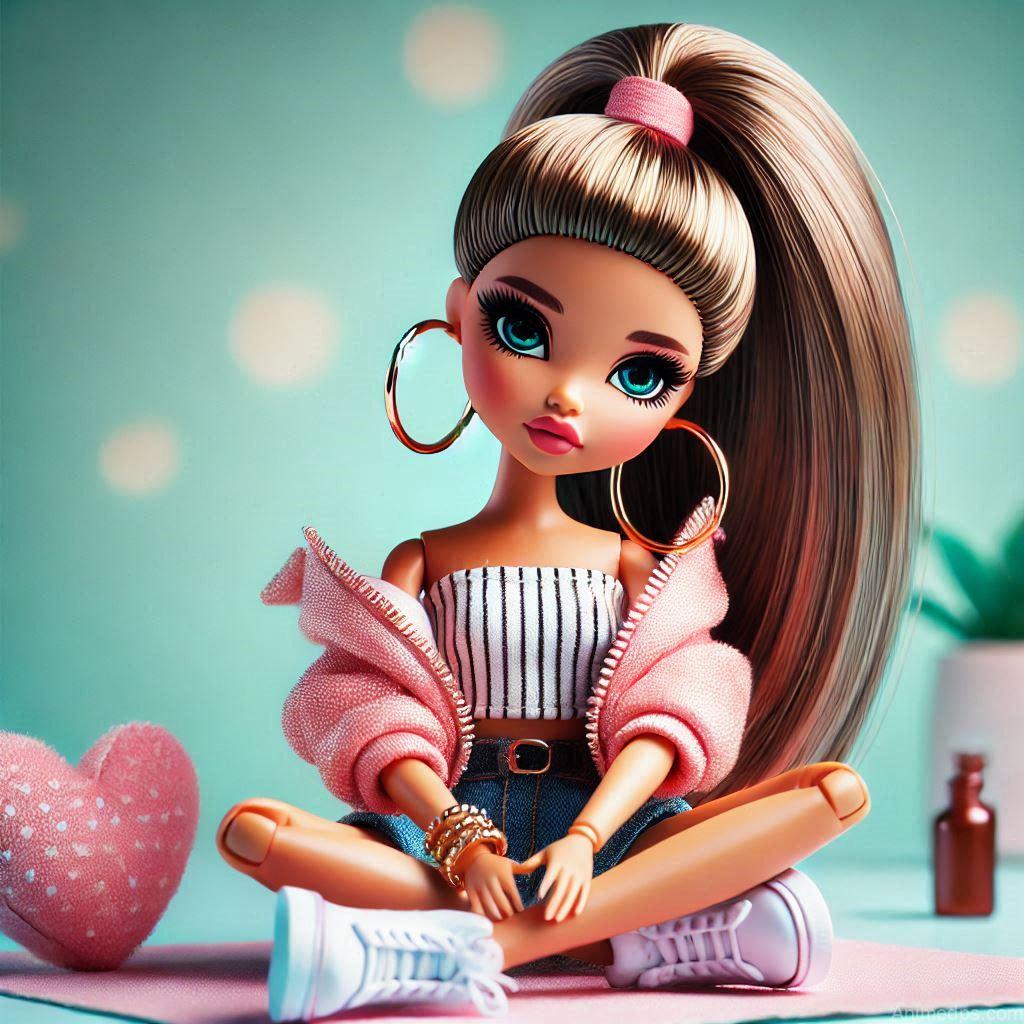 225+ Best Baby Doll Whatsapp Dp 112 A chic doll with a high ponytail, hoop earrings, and a trendy outfit, sitting cross-legged on a pastel background