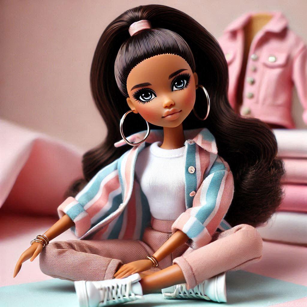 225+ Best Baby Doll Whatsapp Dp 113 A chic doll with a high ponytail, hoop earrings, and a trendy outfit, sitting cross-legged on a pastel background