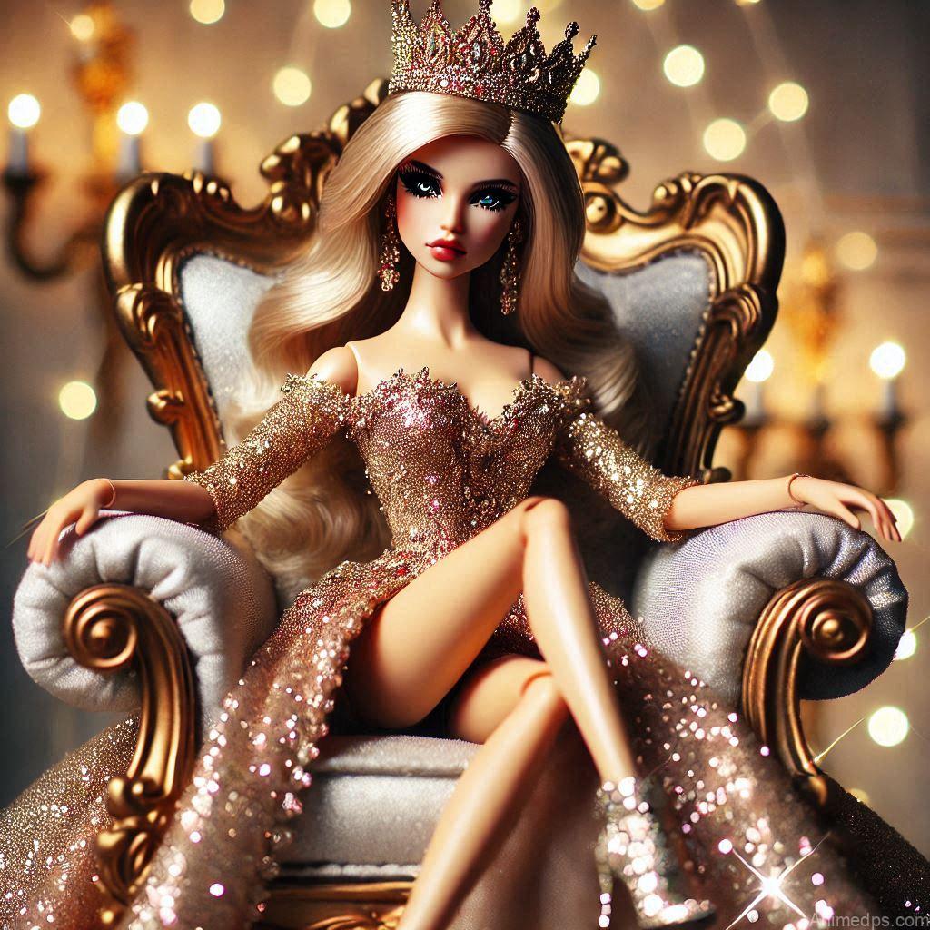 225+ Best Baby Doll Whatsapp Dp 142 A glamorous doll in a glittering crown and a sleek gown, sitting on a royal throne with a bold expression