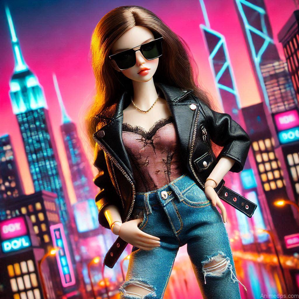 225+ Best Baby Doll Whatsapp Dp 119 A stylish doll with sunglasses, a leather jacket, and ripped jeans, striking a confident pose.