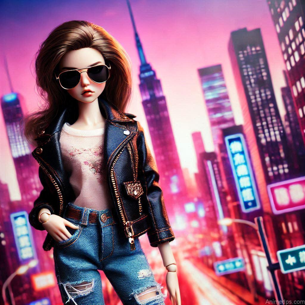 225+ Best Baby Doll Whatsapp Dp 120 A stylish doll with sunglasses, a leather jacket, and ripped jeans, striking a confident pose.