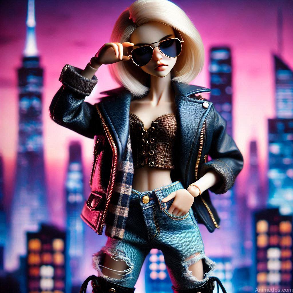 225+ Best Baby Doll Whatsapp Dp 121 A stylish doll with sunglasses, a leather jacket, and ripped jeans, striking a confident pose.