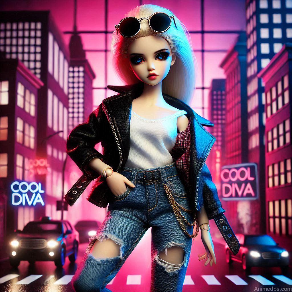 225+ Best Baby Doll Whatsapp Dp 124 A stylish doll with sunglasses, a leather jacket, and ripped jeans, striking a confident pose.