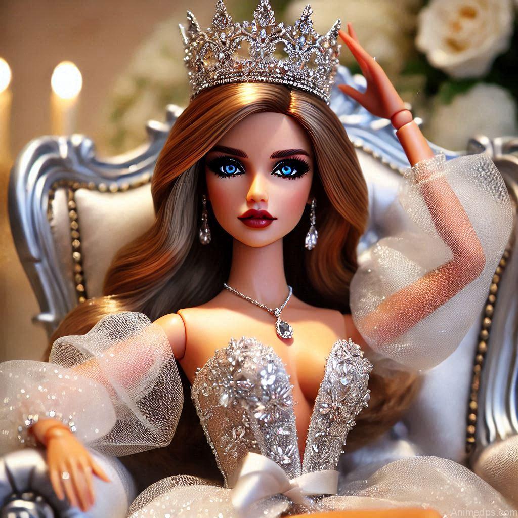 225+ Best Baby Doll Whatsapp Dp 143 A glamorous doll in a glittering crown and a sleek gown, sitting on a royal throne with a bold expression