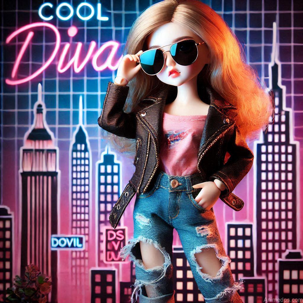 225+ Best Baby Doll Whatsapp Dp 108 A stylish doll with sunglasses, a leather jacket, and ripped jeans, striking a confident pose.