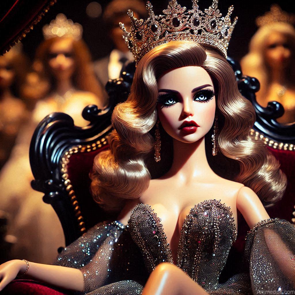 225+ Best Baby Doll Whatsapp Dp 144 A glamorous doll in a glittering crown and a sleek gown, sitting on a royal throne with a bold expression