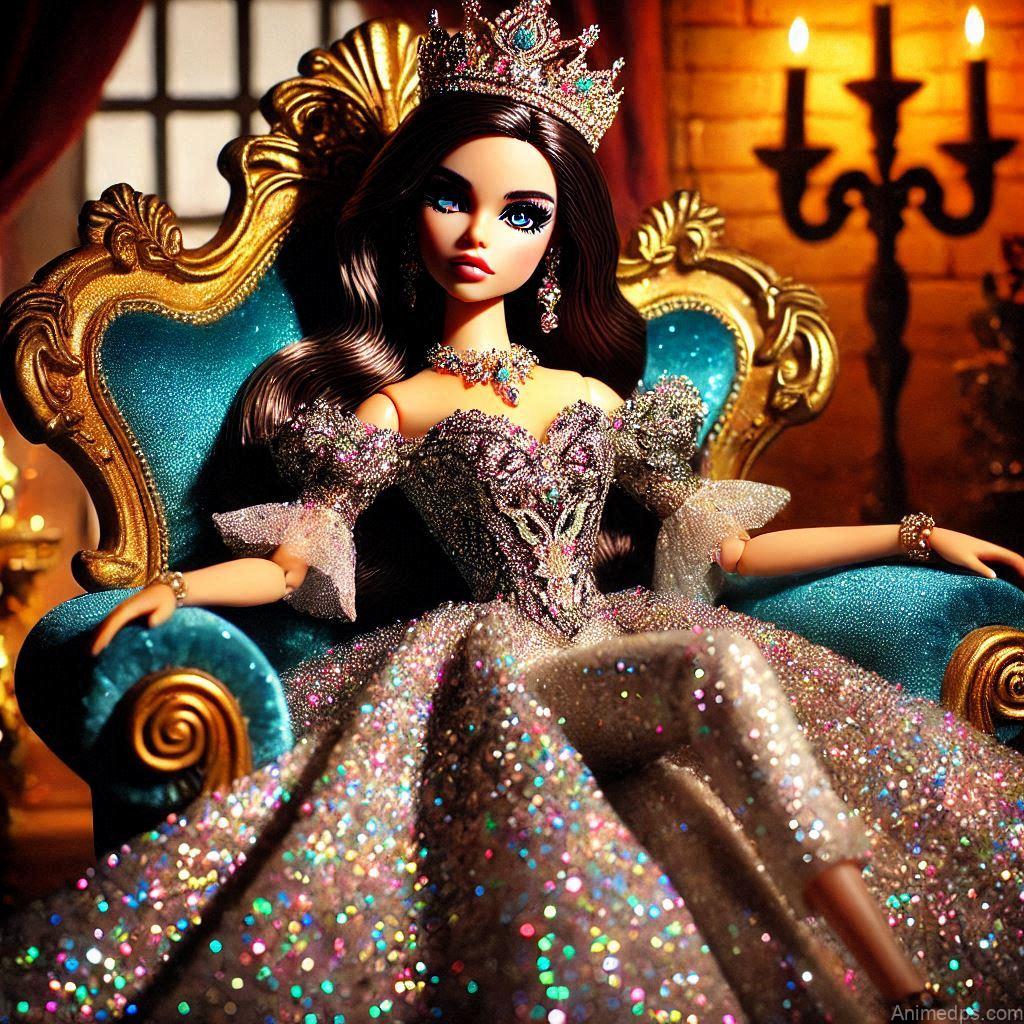 225+ Best Baby Doll Whatsapp Dp 145 A glamorous doll in a glittering crown and a sleek gown, sitting on a royal throne with a bold expression