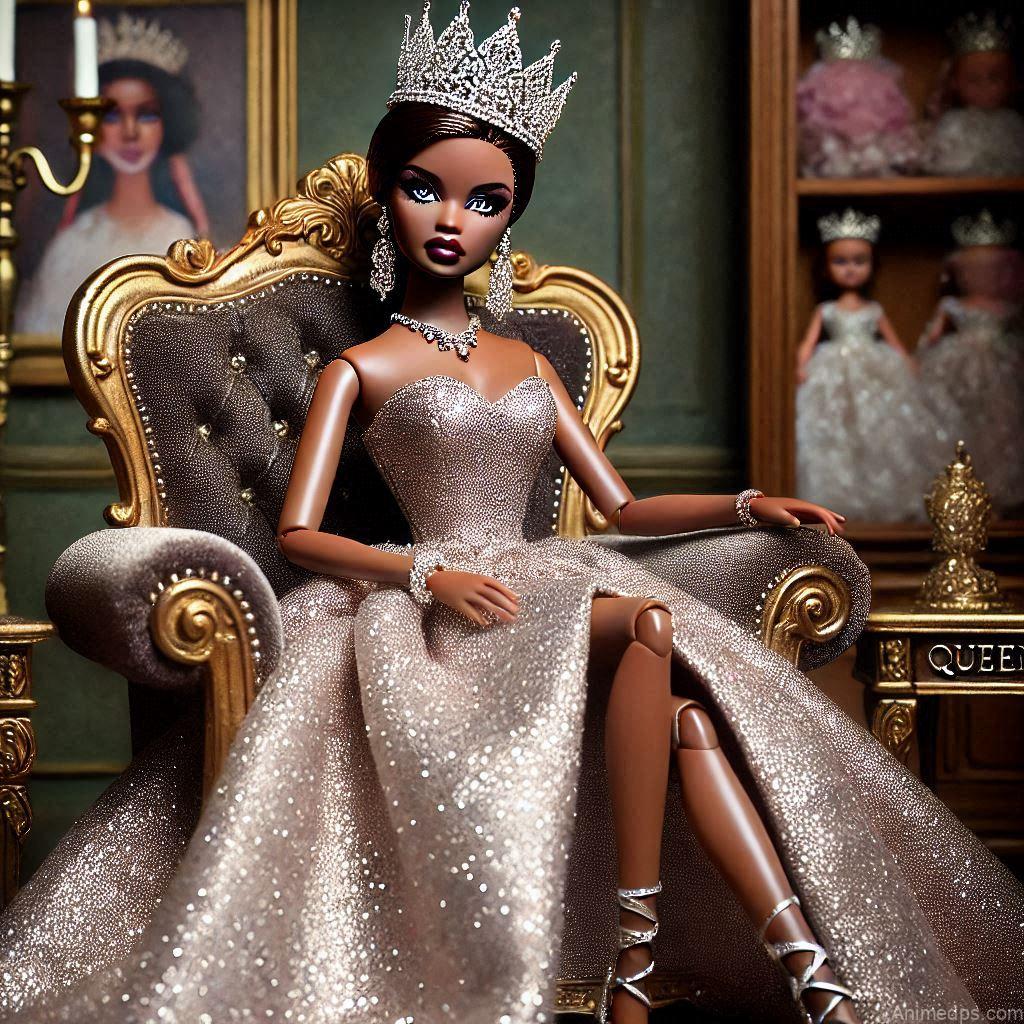 225+ Best Baby Doll Whatsapp Dp 146 A glamorous doll in a glittering crown and a sleek gown, sitting on a royal throne with a bold expression