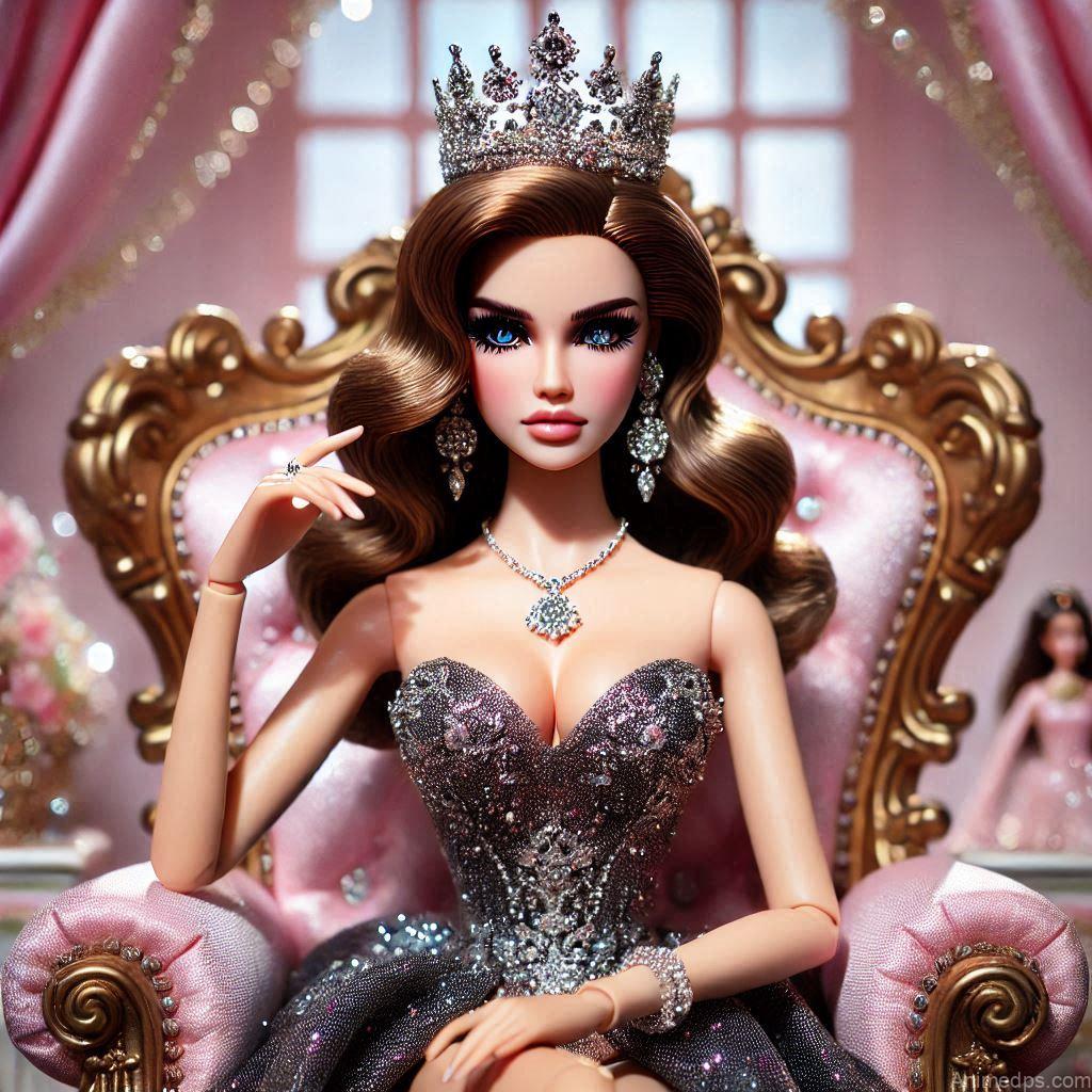 225+ Best Baby Doll Whatsapp Dp 147 A glamorous doll in a glittering crown and a sleek gown, sitting on a royal throne with a bold expression