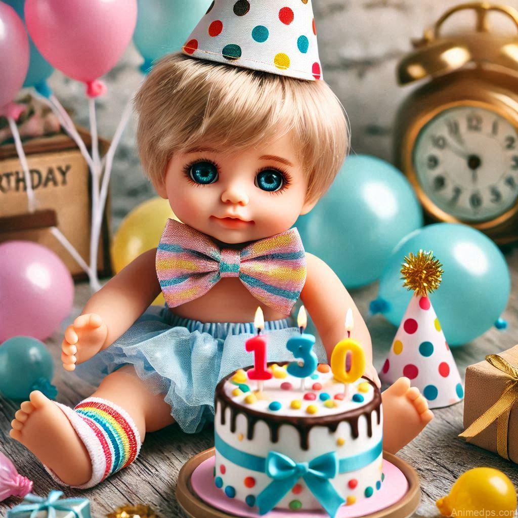 225+ Best Baby Doll Whatsapp Dp 194 A doll wearing a colorful party hat and a bow tie, sitting next to a tiny birthday cake