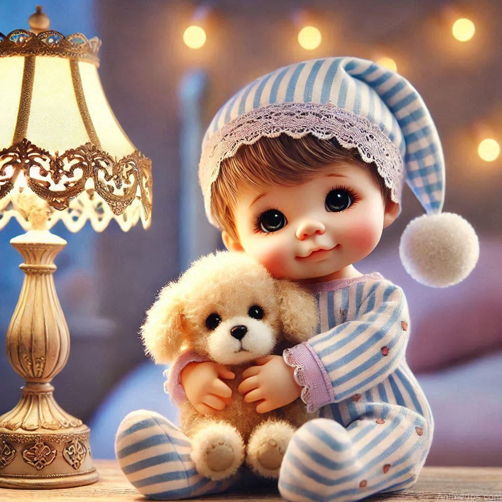 225+ Best Baby Doll Whatsapp Dp 185 A simple yet adorable baby doll in a blue onesie with tiny bear prints, holding a soft plush toy