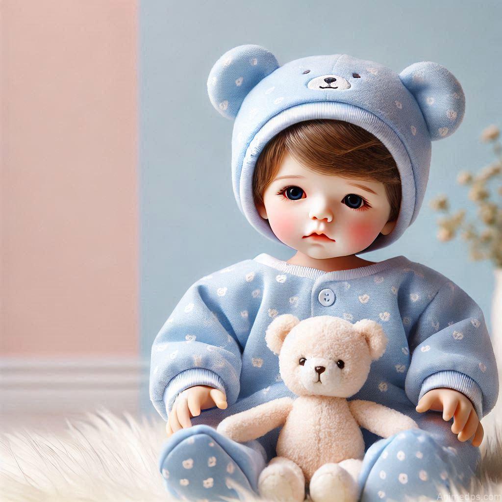 225+ Best Baby Doll Whatsapp Dp 186 A simple yet adorable baby doll in a blue onesie with tiny bear prints, holding a soft plush toy