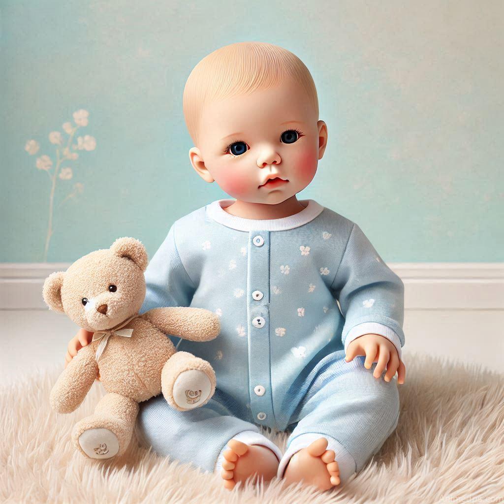 225+ Best Baby Doll Whatsapp Dp 187 A simple yet adorable baby doll in a blue onesie with tiny bear prints, holding a soft plush toy