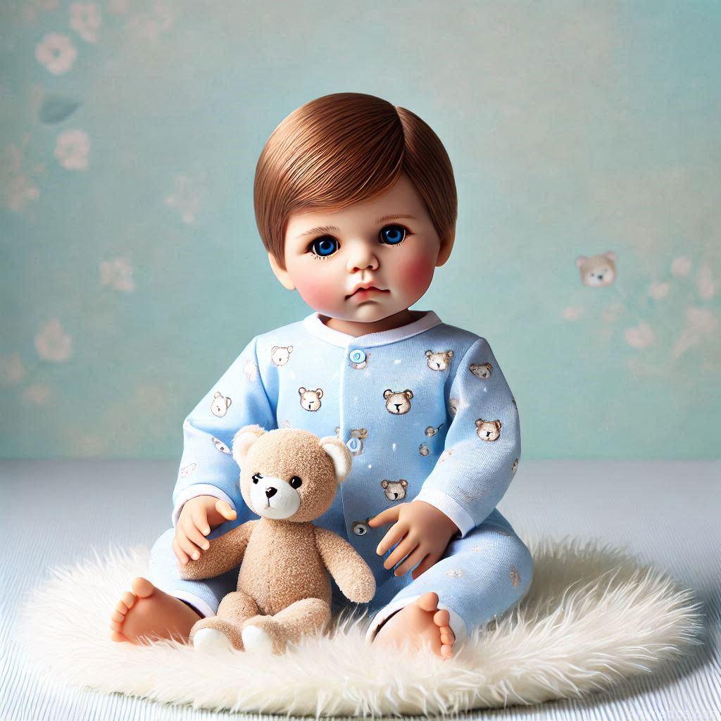 225+ Best Baby Doll Whatsapp Dp 188 A simple yet adorable baby doll in a blue onesie with tiny bear prints, holding a soft plush toy