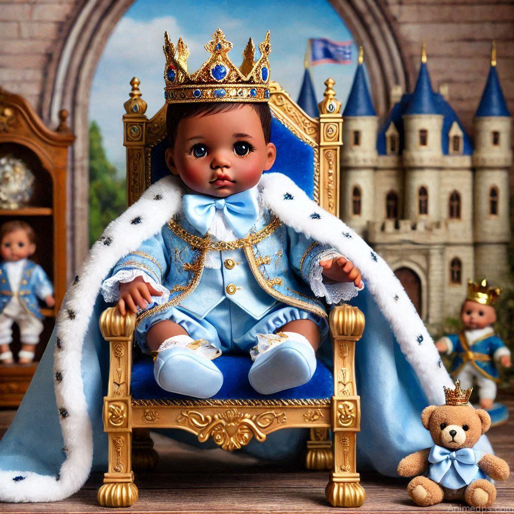 225+ Best Baby Doll Whatsapp Dp 189 A doll dressed as a little prince, wearing a tiny crown and a royal blue cape, sitting on a miniature throne