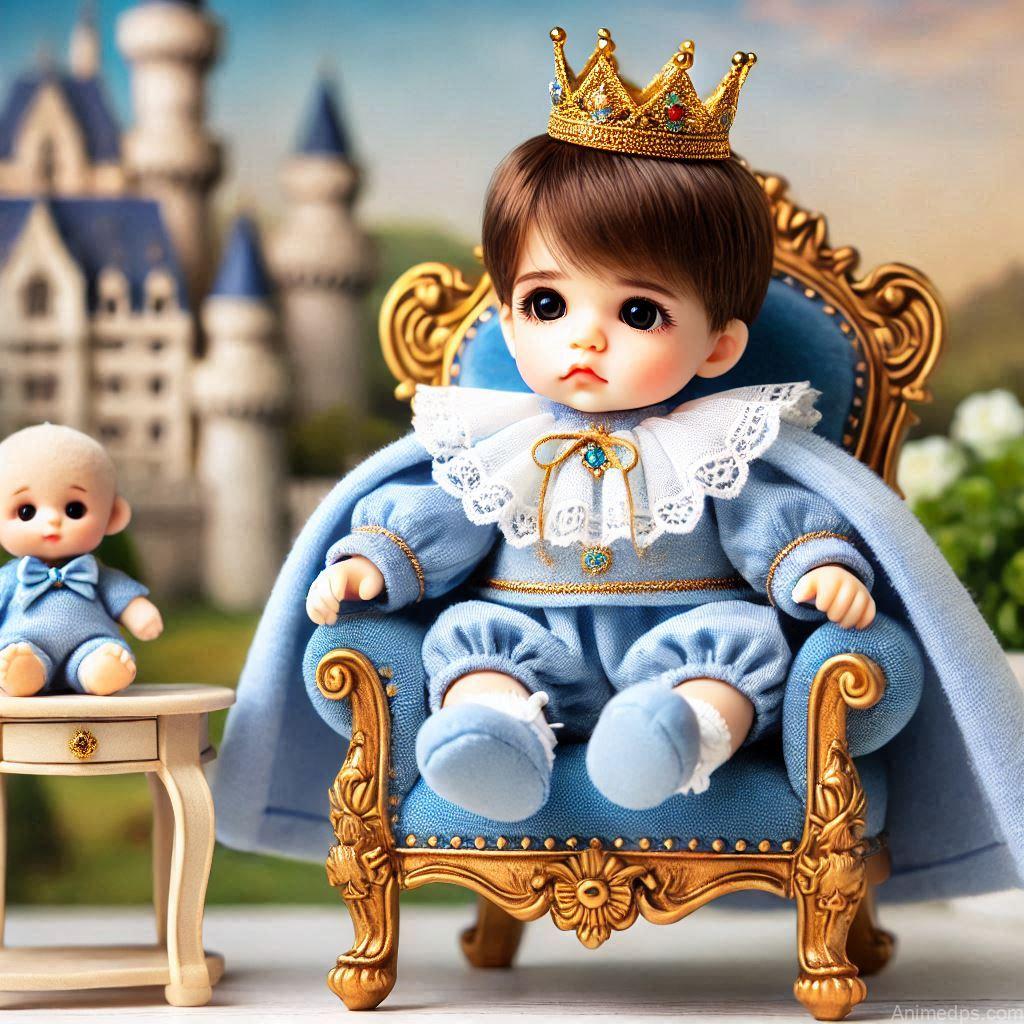 225+ Best Baby Doll Whatsapp Dp 190 A doll dressed as a little prince, wearing a tiny crown and a royal blue cape, sitting on a miniature throne