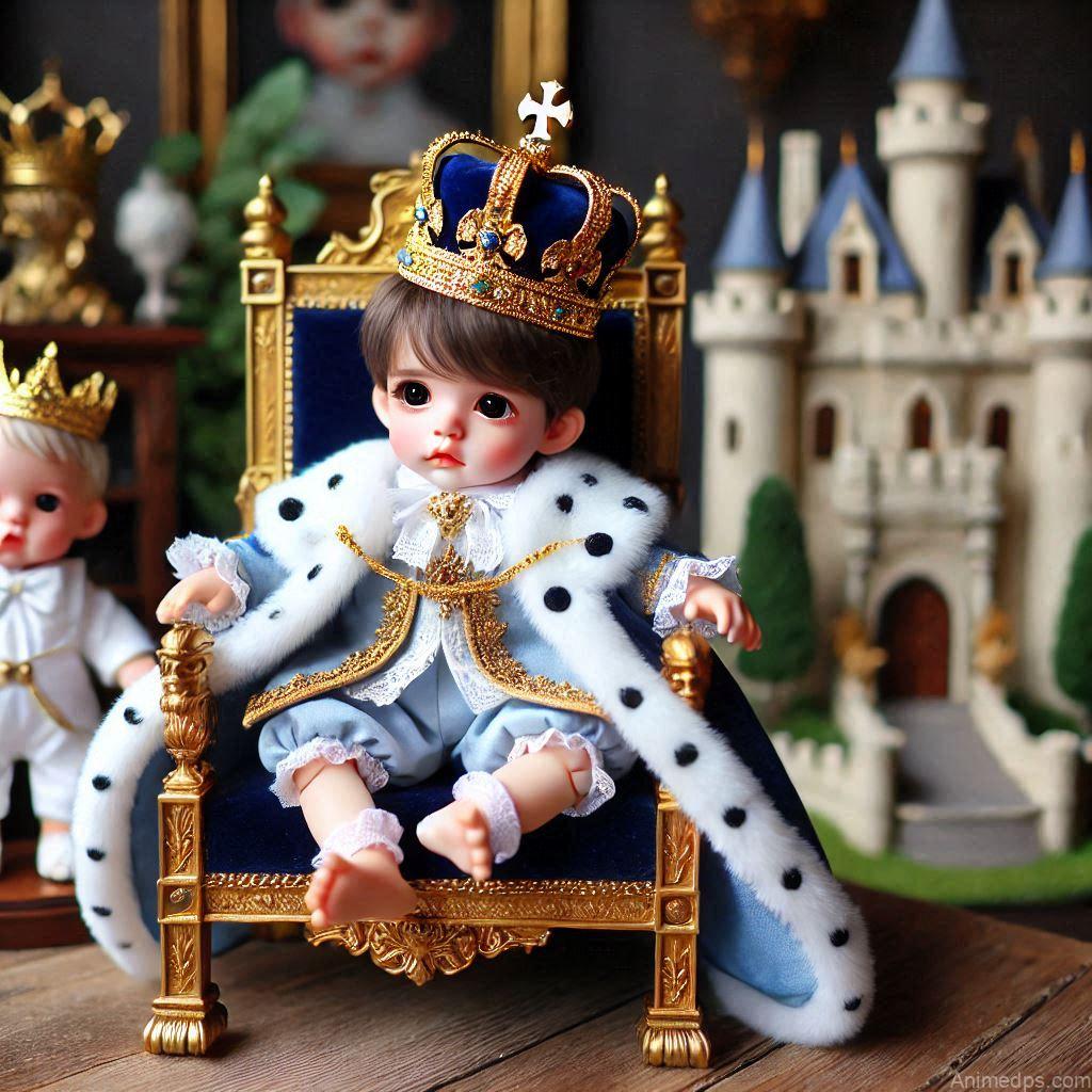 225+ Best Baby Doll Whatsapp Dp 191 A doll dressed as a little prince, wearing a tiny crown and a royal blue cape, sitting on a miniature throne