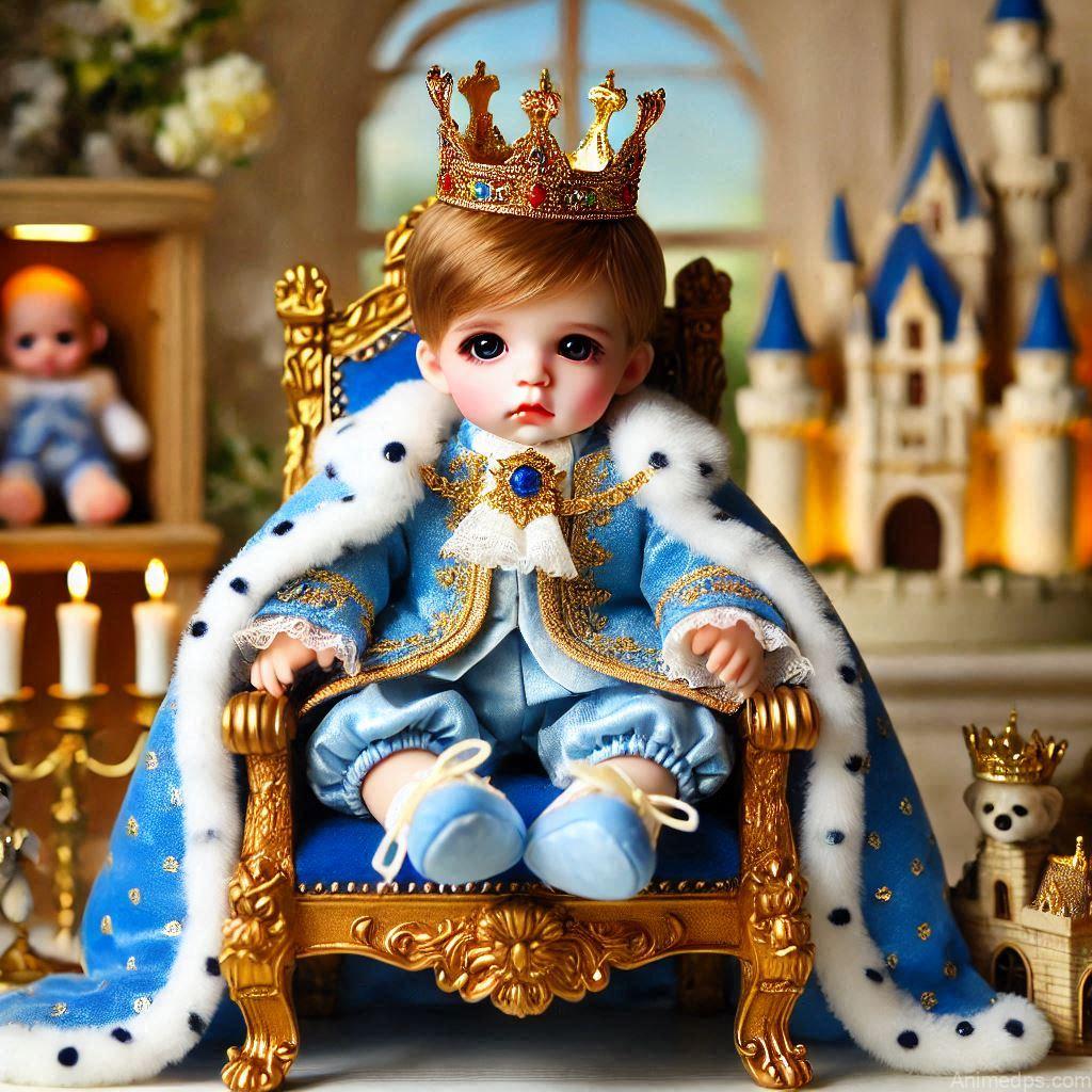 225+ Best Baby Doll Whatsapp Dp 192 A doll dressed as a little prince, wearing a tiny crown and a royal blue cape, sitting on a miniature throne