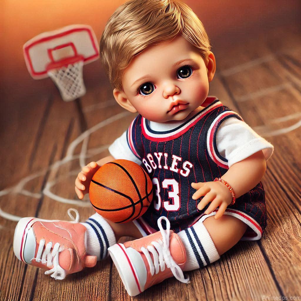 225+ Best Baby Doll Whatsapp Dp 193 A baby doll dressed in a mini jersey and sneakers, holding a tiny basketball, sitting on a court background