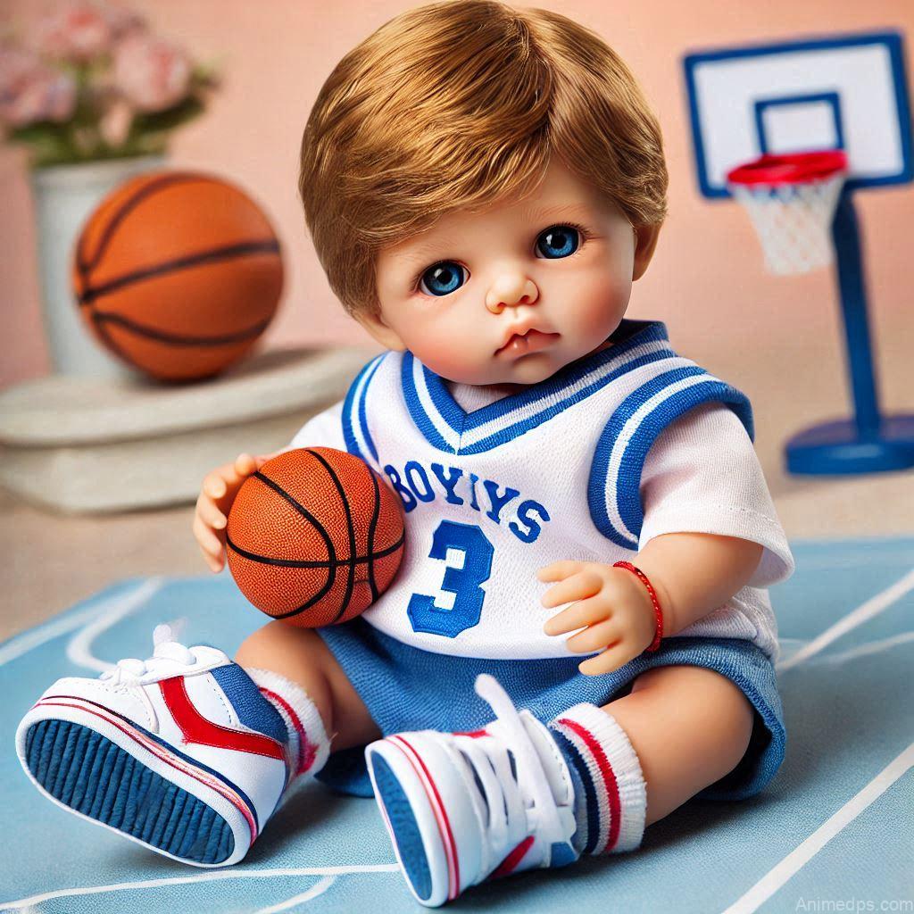 225+ Best Baby Doll Whatsapp Dp 165 A baby doll dressed in a mini jersey and sneakers, holding a tiny basketball, sitting on a court background