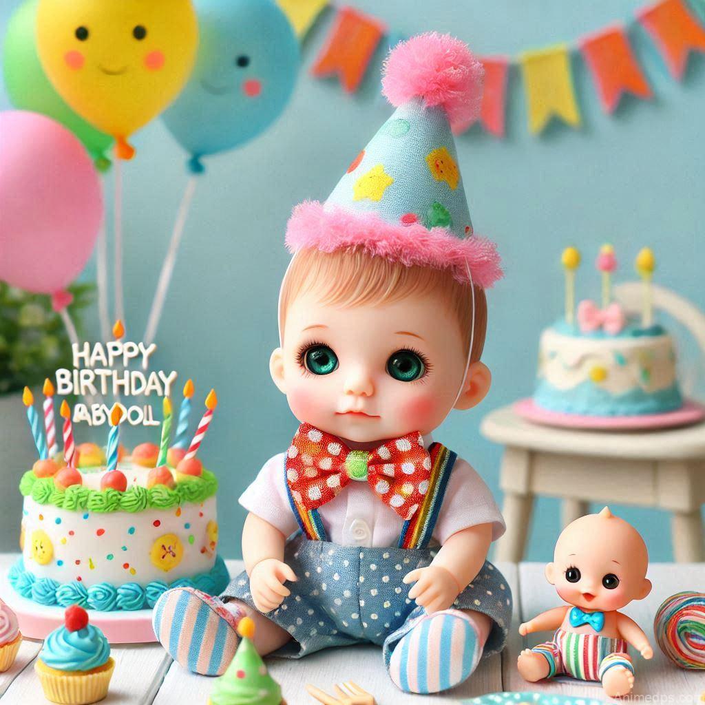225+ Best Baby Doll Whatsapp Dp 195 A doll wearing a colorful party hat and a bow tie, sitting next to a tiny birthday cake