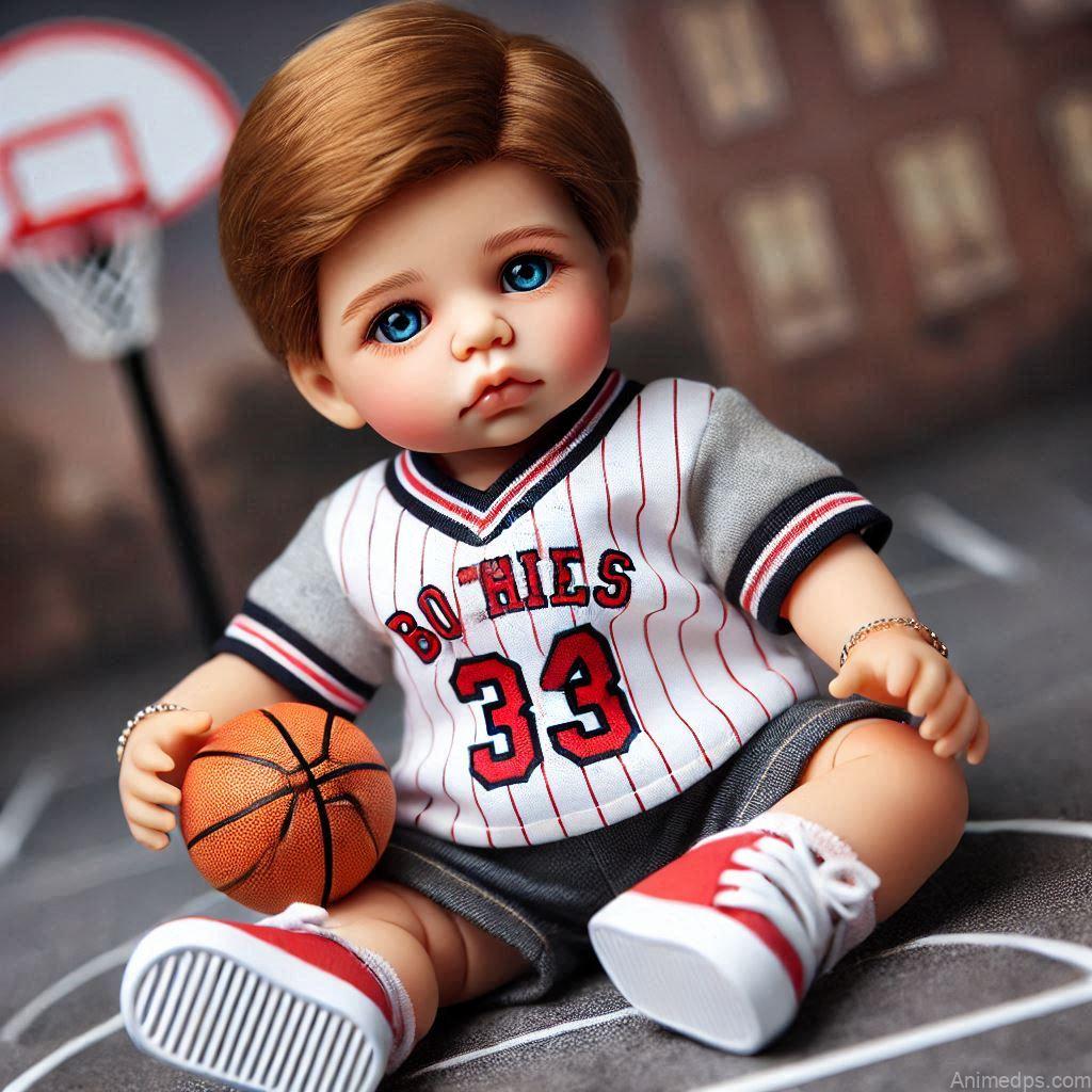 225+ Best Baby Doll Whatsapp Dp 166 A baby doll dressed in a mini jersey and sneakers, holding a tiny basketball, sitting on a court background