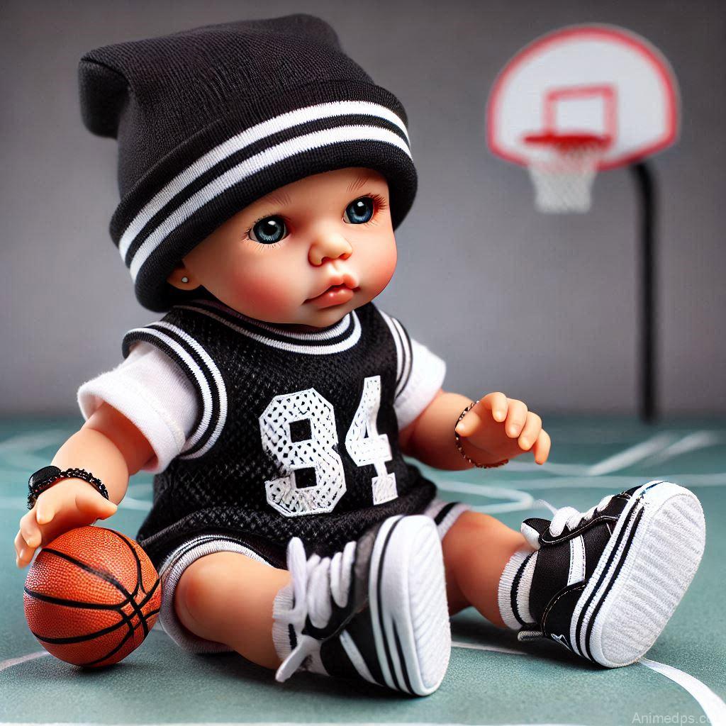 225+ Best Baby Doll Whatsapp Dp 167 A baby doll dressed in a mini jersey and sneakers, holding a tiny basketball, sitting on a court background