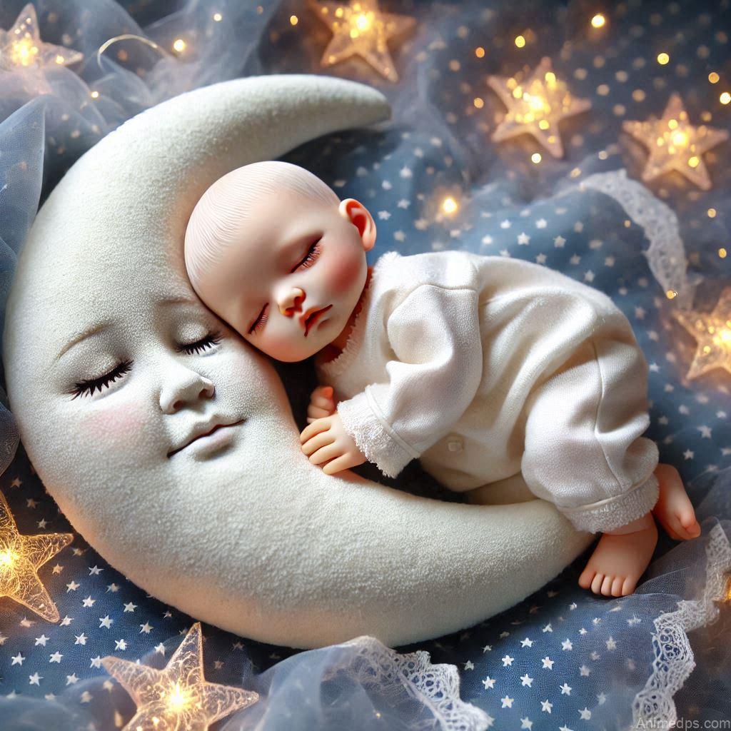 225+ Best Baby Doll Whatsapp Dp 168 A peaceful baby boy doll in soft white pajamas, lying on a crescent moon-shaped cushion with a starry night background