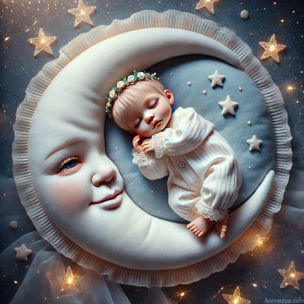 225+ Best Baby Doll Whatsapp Dp 169 A peaceful baby boy doll in soft white pajamas, lying on a crescent moon-shaped cushion with a starry night background